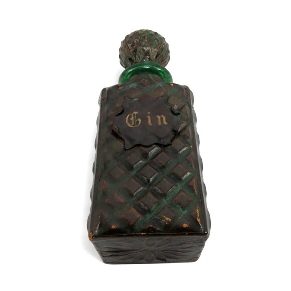 Green Glass DECANTER with LEATHER Wrap and Diamond X Pattern 10" 1960s Vintage - Picture 2 of 13